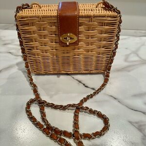Woven Rattan Crossbody Bag with Brown Leather Trim